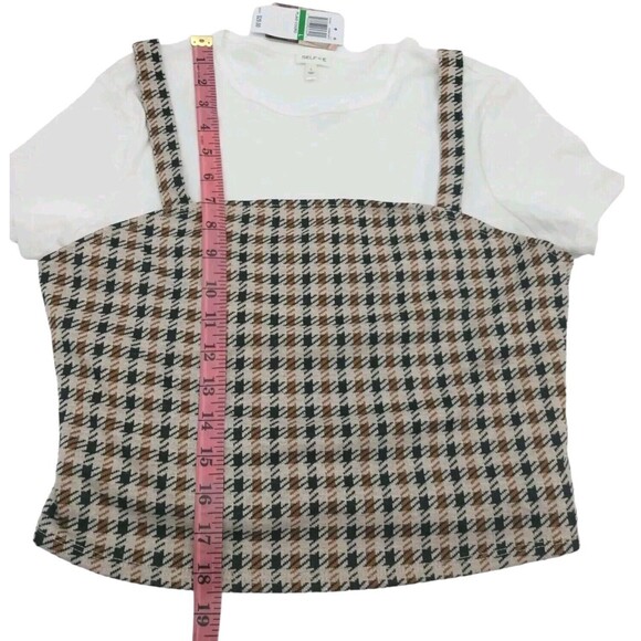 Self Esteem Women's Juniors' Printed Layer-Look Top Beige Large Plaid Coord New - Picture 8 of 16